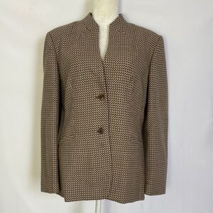 Talbots Women Sz 14 Blazer Brown beige Houndstooth basket Weave 100%Wool